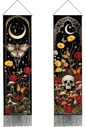PRESSINART 2 Stück 2 Stile Hexen Gothic Wandteppich Motiv Wandteppich Für Schlafzimmer Mond Schädel Pilz Blume Motiv Schwarz Quasten Langer Vertikaler Wandbehang Für Wohnzimmer Büro Studios