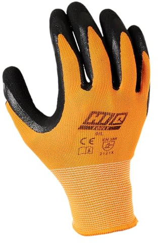 hi-Q Tools Arbeitshandschuhe, Orange und Schwarz, Polyester mit Latex-Innenfläche, Flexibel und Elastisch, Ideal für Werkstatt, Garge Garten, KFZ, Auto, Motorrad