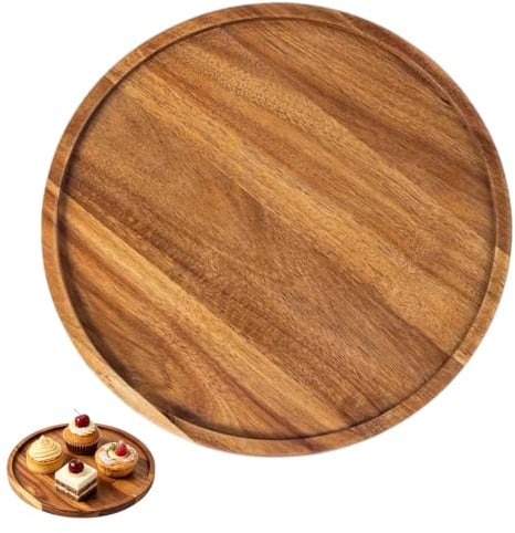 20cm Rund Serviertablett Holztablett, Tablett Runden Dekoteller Akazienholz Platzteller Akazienholz Dekoteller, Servierplatte Holz für Wohnzimmer Esstisch Couchtisch