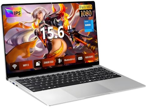 PC Portatile 15,6 Pollici, FHD 1920×1080, Computer Portatile Processore Celeron N4000, Notebook 8GB RAM 256GB SSD, Win 11, Apertura Schermo 180°, WiFi 5, Bluetooth 4.2, Porte USB 3.0,Mini HDMI e Slot