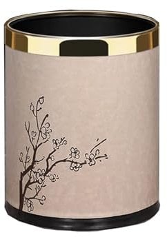 Poubelle de luxe en métal - Ronde - Avec couvercle en cuir - Double couche - Idéale pour poser sur le bureau Golg Carve with gold ring