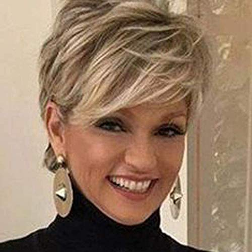 Creamily Perücke Kurze Blonde für Damen, Perücke Pixie Cut mit Pony, Natürliches Glattes, Kunsthaar, Perücke Kurze Braun für Damen, Perücke Cosplay Party, Blond, gemischtes Braun