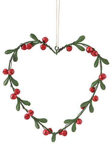 Toyland® Pack of 4 14cm Green and Red Heart Shape Metal Tree Decoration With Bells