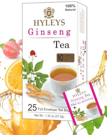 Hyleys Ginseng & Tè verde con guaranà naturale e arancia, tè a base di erbe aromatiche - 25 bustine di tè
