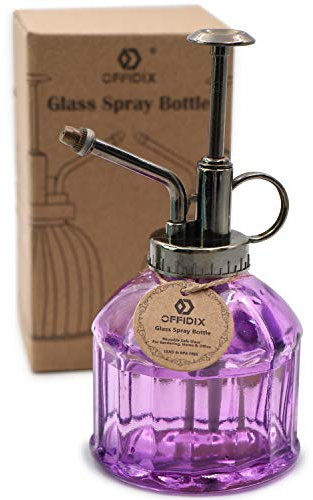 OFFIDIX Glas-Bewässerungssprühflasche, Pflanzennebel-Gießkanne für den Innenbereich mit bronzefarbener Kunststoff-Pumpe, kleine Gießkanne für Garten, Pflanzen, Reinigung (lila)