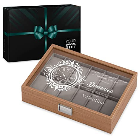 Maverton Cofanetto Porta Orologi con 12 scomparti - Custodia orologi in legno - Coperchio in vetro - Fodera in velluto grigio - incisione personalizzata - regalo uomo - Felicità