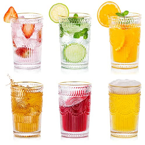 Glasseam Drinking Glasses Set of 6, 400ml Glass Tumbler Gold Rimmed Water Glasses Drinking Aesthetic Vintage Clear Highball Glassware Tumblers for Juice Coffee Tea for Party Bar