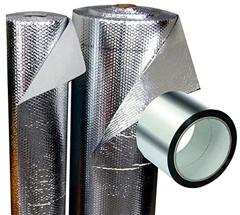 Isolante termico riflettente, 100% alluminio e bolle, Per freddo e calore: Tenda, camper e furgoni, abbaini e porte di garage (10 x 1,2 m + nastro in alluminio)