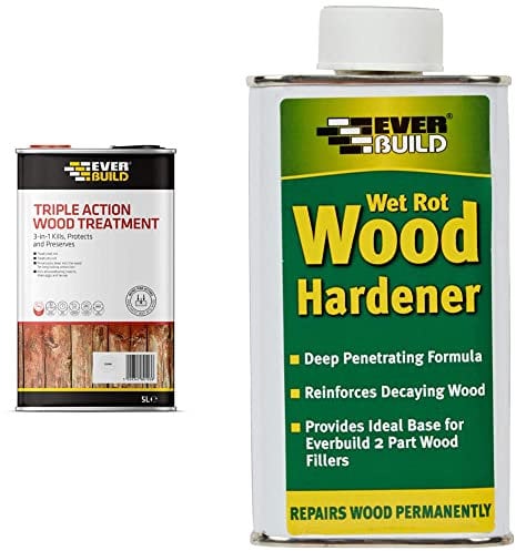 Everbuild Triple Action Wood Treatment | Kills and Protects Against Wood Rot and Wood Boring Insects - Clear - 5 Litr & WOODHARD2 LumberIrwin Wet Rot Wood Hardener 250ml