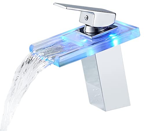 KEOKBON Wasserhahn Bad, LED Lichter Wasserhahn, Einhandmischer Wasserfall Wasserhahn, Kaltes und Heißes Wasser Waschtischarmatur, Messing Verchromt