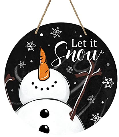 Deroro Winter-Schneemann-Schild für Haustür-Dekoration, schwarz, Let It Snow Welcome Farmhouse Holz-Türhänger für den Außenbereich, Veranda, rustikale Weihnachtsschneeflocken, Holzkranz, Wandbehang,