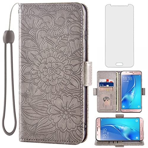 Asuwish Compatible with Samsung Galaxy J5 2016 Wallet Case and Tempered Glass Screen Protector Card Holder Stand Magnetic Leather Flip Cell Phone Cover for Gaxaly J5 Duos 6 SM-J510MN Women Men Grey
