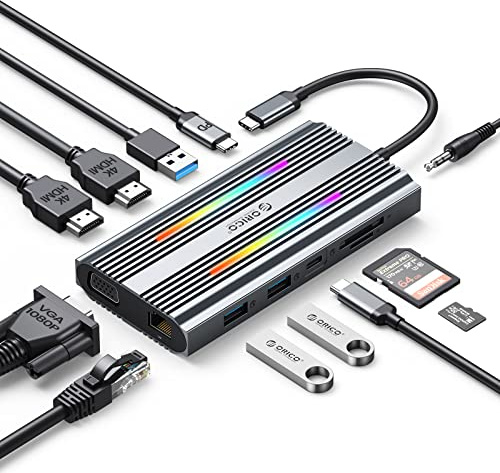 USB Docking Station, USB C Hub ORICO 12 en 1 con HDMI 4K Dual, PD 100 W, Ethernet de 1 Gbps, 3 USB 3.0, SD/TF, VGA, 3,5mm Audio, 14 Modos de iluminación RGB, Compatible con Windows/Mac OS