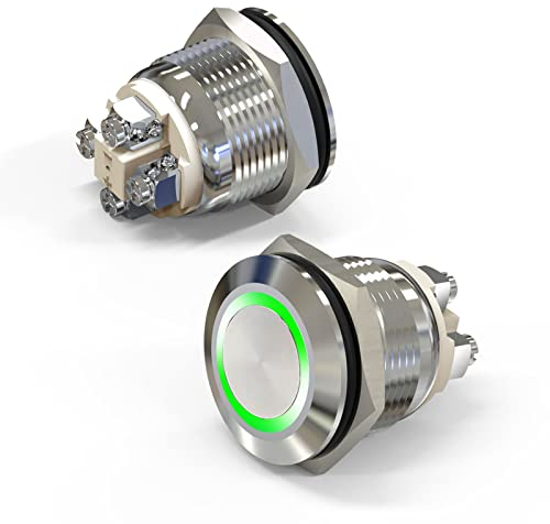 FILN Moment Drucktaster 19mm IP67 Edelstahl wasserdicht 16A 12-24V AC/DC Schraubklemmen mit grüner LED Industrietauglicher Taster für Elektrogeräte & Maschinensteuerung