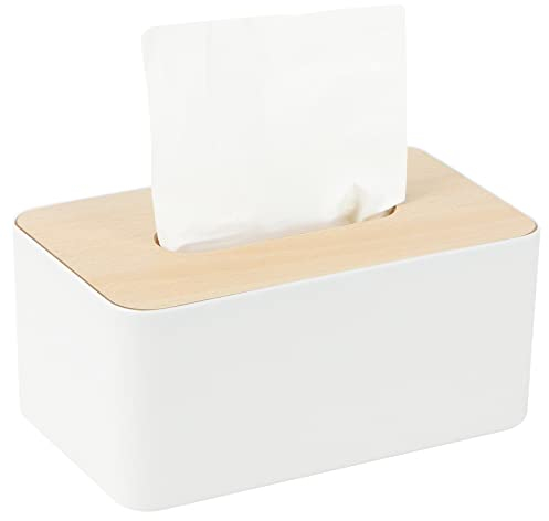 Porta Fazzoletti con Coperchio in Legno, 21x13x9cm,Rettangolare,Scatola per Fazzoletti per Sala da Pranzo, Ufficio, Auto, Bagno (Bianco)