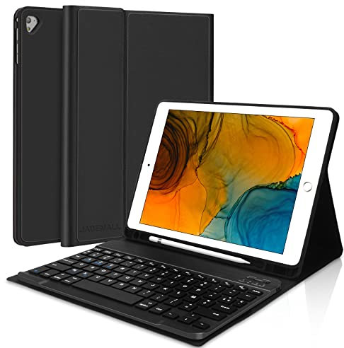 JADEMALL Étui Clavier pour iPad 9.7 6ème Géneration 2018/ 5ème Géneration 2017, iPad Air 2/1, AZERTY Français Clavier Bluetooth Amovible Détachable avec Fente pour Stylo, Noir