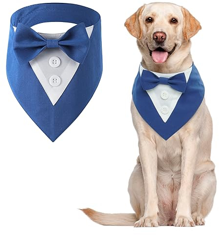 MHaustlie Hunde Smoking Bandana,Kopftücher für Hunde,Haustier Dreieck Schal,Formale Hochzeit Party Hundehalstuch,Verstellbar Krawatte Haustier Anzug Fliege Bandana für Hochzeit Geburtstag(M,Blau)