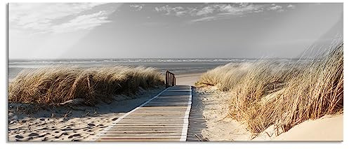 Pixxprint Glasbild Panorama, Wandbild aus Echtglas, Weg zum Strand durch die Dünen B&W Detail, 100x40 cm, inkl. Aufhängung und Abstandshalter