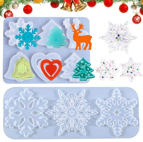 HBSFBH Weihnachten Thema Silikonform, 2 Stück Schneeflocke Harz Formen, Weihnachtsbaum Harz Formen, Weihnachtsschmuck Silikonform, für Muffins Cupcakes Pudding Eiswürfel Gelee Seife