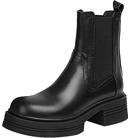 Stivali da Donna in Pelle con Suola Spessa, alla, retrò, con Punta Anfibi Neri Lucidi (Black, 39)