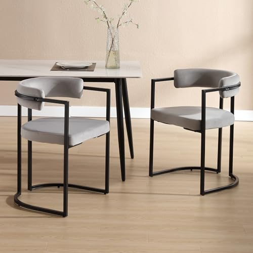 Wahson Esszimmerstühle 2er Set, Küchenstuhl aus Samt Polsterstühle mit schwarzen Metallbeinen, Moderne Eckstühle für Esszimmer/Küche,Grau