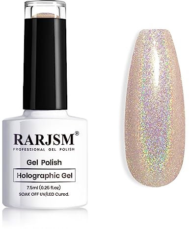 RARJSM Holographic Gel Nail Polish Champagne Gold Reflective Iridescent Laser Rainbow Glitter Gel Polish Curing Required Unicorn Mirror Chrome Effect Soak off for DIY Salon Home Manicure 7.5ML
