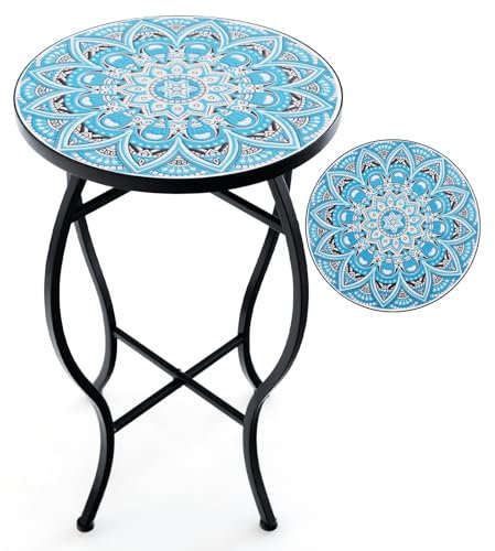 COSTWAY Table d’Appoint Exterieur Jardin en Mosaïque, Table Bistro Ronde en Carreaux de Céramique Résistant aux Intempéries, Table Basse d'Extérieur pour Balcon Piscine (Bleu)