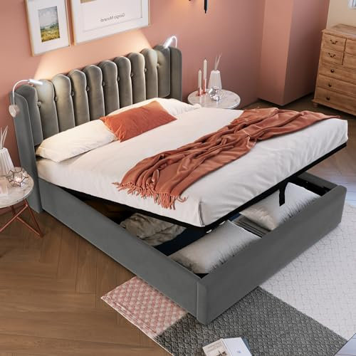 LATICO Polsterbett Doppelbett 160x200 mit Stauraum Unterbett, Kopfteil mit 2 Leselicht und USB-Buchse, Bettgestell mit Lattenrost, Jugendbett Kinderbett Stauraumbett, Ohne Matratze, Samt Grau