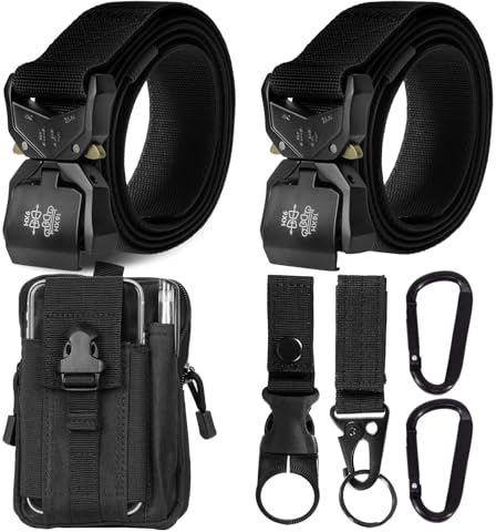 Corpower 2er Herren Taktischer Gürtel + 1Pcs Taktischem Molle-Beutel und Haken, Arbeitsgürtel 3.8cm Breite, Hochleistungsgürtel, Nylon Schnellverschluss-Metallschnalle, Schwarz + Schwarz