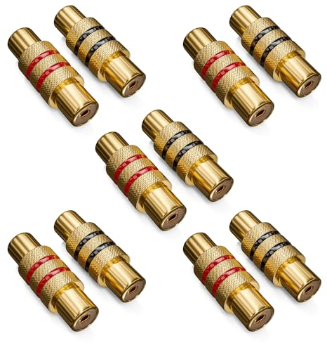 deleyCON 10 Piezas Acoplamiento Cinch - Set 5x Negro 5x Rojo - Adaptador Audio Video Conector Hembra RCA a Hembra - 2x Toma para Conexión