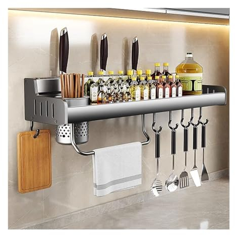 Yahbrra Étagère Murale à Épices, Sans Perçage, Étagère de Cuisine Suspendue avec Crochets Mobiles et Porte Ustensiles, Porte Serviettes, Porte Couteau (Size : 40cm-1 cup-6 hooks)
