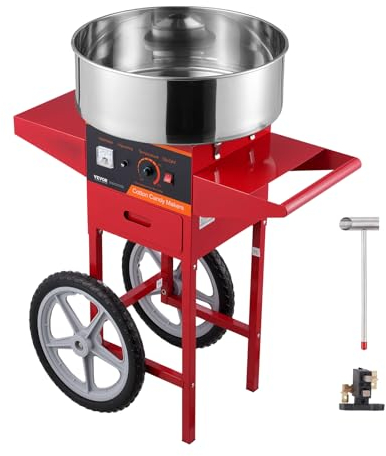 VEVOR Máquina Eléctrica de Algodón de Azúcar con Carro, Máquina Comercial de Algodón de Azúcar de 1000 W con Tazón de Acero Inoxidable, Cuchara de Azúcar y Cajón, para el Hogar, Fiesta Familiar, Rojo