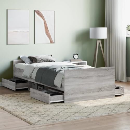 ShCuShan Bettgestell mit Kopf- und Fußteil Tagesbett Betten Daybed Bettgestell Bed Frame Bett mit Kopfteil Grau Sonoma 90x200 cm