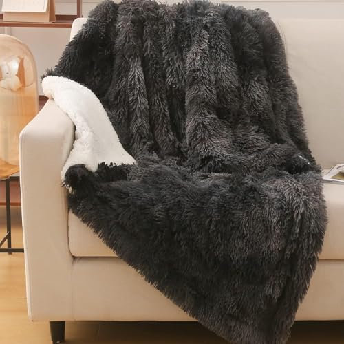 EMME Kuscheldecke Flauschig Decke, 220 x 240 cm, Faux Pelz wolldecke,Super Weich, Plüschig, Warme Gemütliche Wendbare Fleecedecke, Felldecke Überwurf Für Sofa und Bett,Tie Dye Dunkelgrau