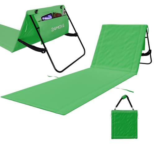 24MOVE® Strandmatte klappbar mit Verstellbarer Rückenlehne, Strandliege faltbar mit Schlaufen, Aufbewahrungstasche, Sonnenliege für Strand Garten, grün