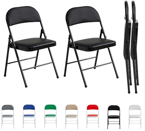 mcc direct Klappstuhl, Kunstleder Klappstuhl mit Metallrahmen und gepolstertem Sitz, einfach zu Falten und aufzubewahren für Zuhause, Büro, Esszimmer und Empfang 2er Set (Schwarz)