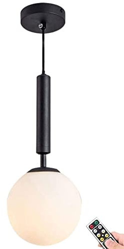 Wireless Battery Operated Pendant Light with Remote Control & Dimmable Bulb Portable Battery Powered Ceiling Lamp with White Glass Globe Shade Adjustable for Island Kitchen Dining Room Bedro