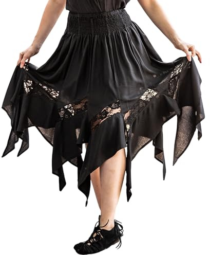 Leonardo Carbone® Damen Rock Hexenrock Selena | Elastischer Bund | Asymmetrischer Saum | Karneval, Halloween, Cosplay, LARP, Mittelalter, Gothic, Kostüm | 100% Viskose Schwarz L/XL
