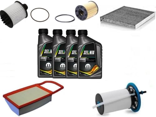 AOQ - Kit tagliando 5 FILTRI COMPATIBILE CON FIAT 500X 1.3 MULTIJET DIESEL, (312), EURO6 CON 4 LITRI LUBRIFICANTE WR 5W40 SELENIA E FILTRO ABITACOLO AI CARBONI ATTIVI