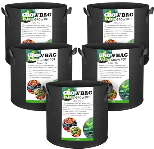Gemtte Pflanzsack, 5 Stück 12L Pflanze Grow Töpfe, Atmungsaktive Vliesstoff Stofftöpfe mit Griffen für Kartoffeln, Tomaten und Erdbeeren (3 Gallon)