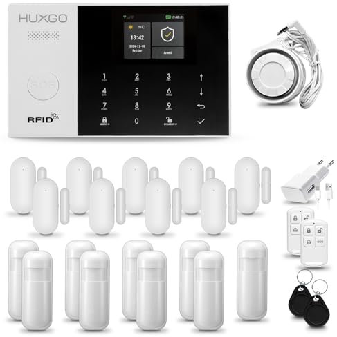 HUXGO® HXA005 Alarmanlage fürs Haus 4G + WLAN Set mit Sirene | Funk Alarmanlage Wohnung mit App. TUYA |Alarm System mit 9X Bewegungssensor, 9X Fensteralarm/Türsensoren | Smart Home