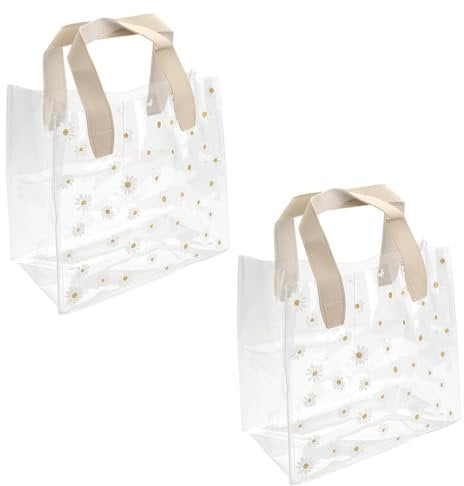 CUEMOON 2 Stück Klare Geschenktüten, Durchsichtige Tasche mit Griffen,Klare Tüte mit Griffen, PVC Geschenktaschen mit Gänseblümchen-Muster für Partygeschenke,Hochzeiten