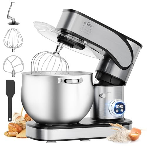 HOMELUX Küchenmaschine 2500W, Knetmaschine mit 12 Liter Edelstahl Schüssel, 12 Geschwindigkeitsstufen, LED-Touchscreen, Rührbesen, Knethaken, Schneebesen, Spatel und Spritzschutz, silberfarben