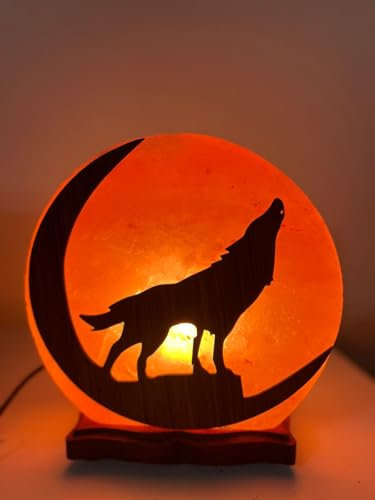 Elkoza Handmade Wood Silhouette Natural Healing IONES Therapeutic 100% Pure Himalayan Pink Crystal Salt Lamp Fine Quality with Dimmer Switch (Wolf Salt Lamp, Himalayan 3D Salt Lamp)