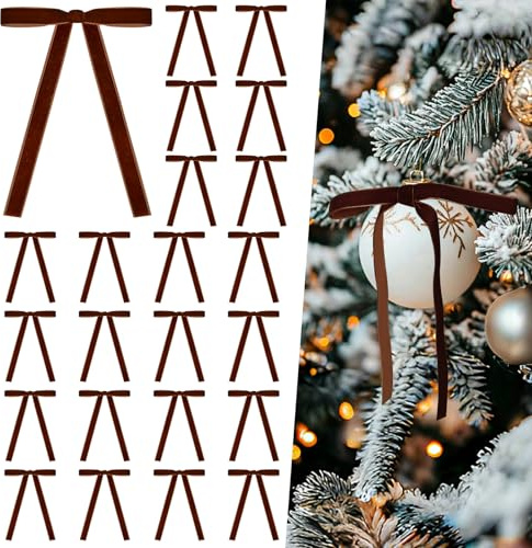 Miaikoe 24 Stück Samt Bügen für Weihnachtsbaum Rustikale Samt Weihnachtsornamente Rustikale Bügen für Tür Girande Kranz Geschenk Party Dekoration (Breite von 1cm, Braun)