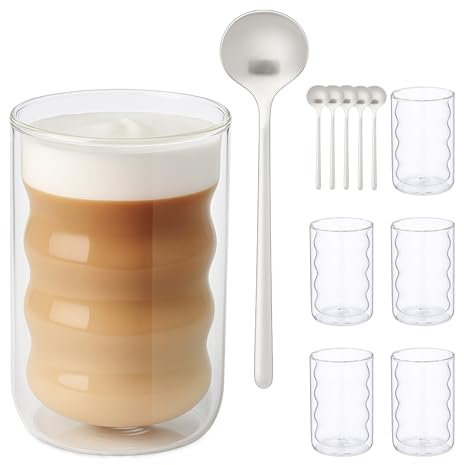 Relaxdays 10050364_307 Set di 6 Bicchieri da Latte Macchiato, con cucchiaini, Design Ondulato, 350 ml, Tazze da caffè, Trasparenti, Vetro a Doppia Parete