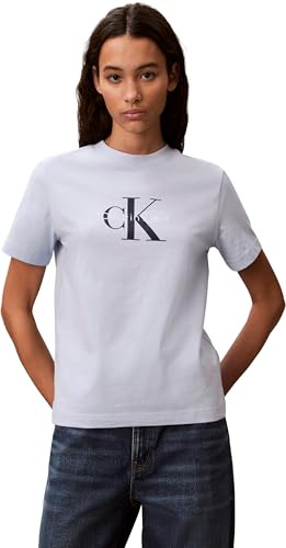 Calvin Klein Damen T-Shirt Kurzarm Hero Classic Monologo Tee mit Rundhalsausschnitt, Blau (Breezy Blue), L