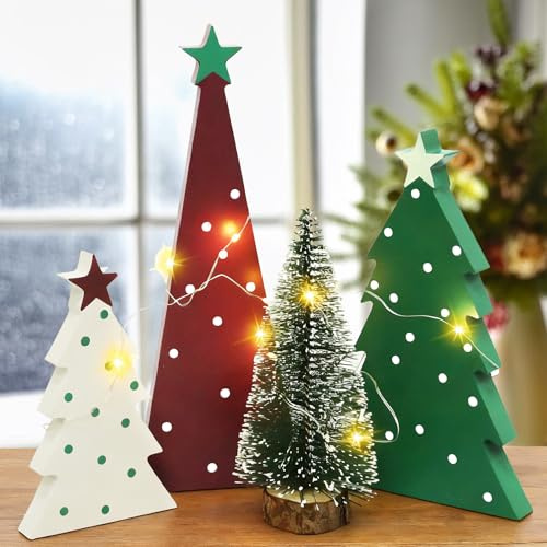 Weihnachtsbaum Klein, 5 Stück Set Weihnachtsdeko Holz Weihnachtsbaum mit LED Lichterkette,Künstlicher Weihnachtsbaumholz,Mini Holz-Tischdekoration Weihnachts baum mit Stern für Weihnachtsdekoration(A)