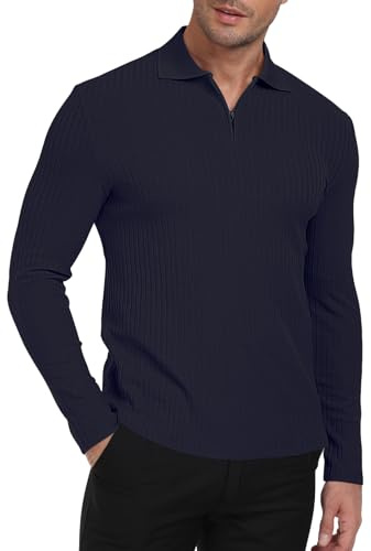 AIYINO Muscle Fit Mens Polo Shirts 1/4 Zip Up Long Sleeve Polos Shirt for Men UK Ribbed Slim Plain T-Shirt Jumper