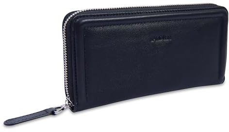 SADDLER Beatrice Real Leather 19cm 2 Section Zipped RFID Wallet, Black | Multiple card slots and a coin pocket organise travel essentials, tissue-wrapped inside a gift box with a floral lining.